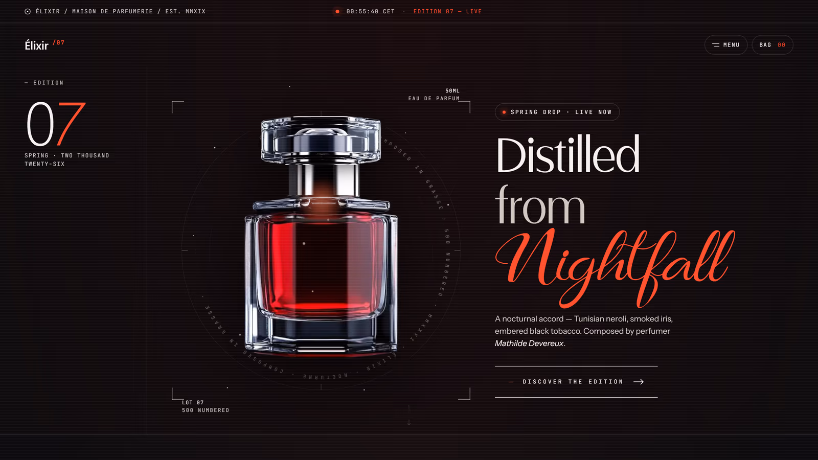 Élixir, a luxury perfume brand site: a dark editorial layout with a fragrance bottle and the headline Distilled from Nightfall.