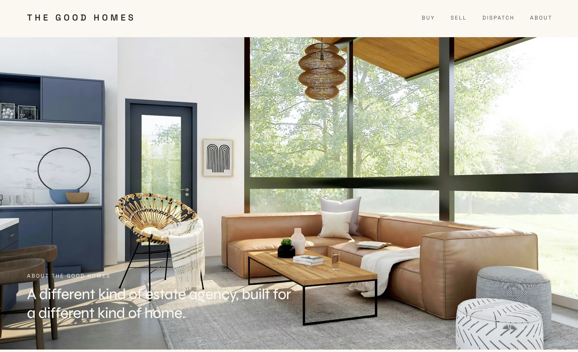 The Good Homes, a Kent estate agency site: a warm editorial layout with a country property and a quiet serif wordmark.