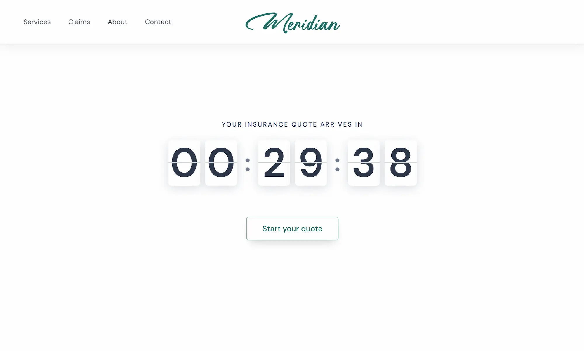 Meridian, an independent insurance brokerage site: a calm off-white layout with a split-flap quote countdown and a row of cover cards.